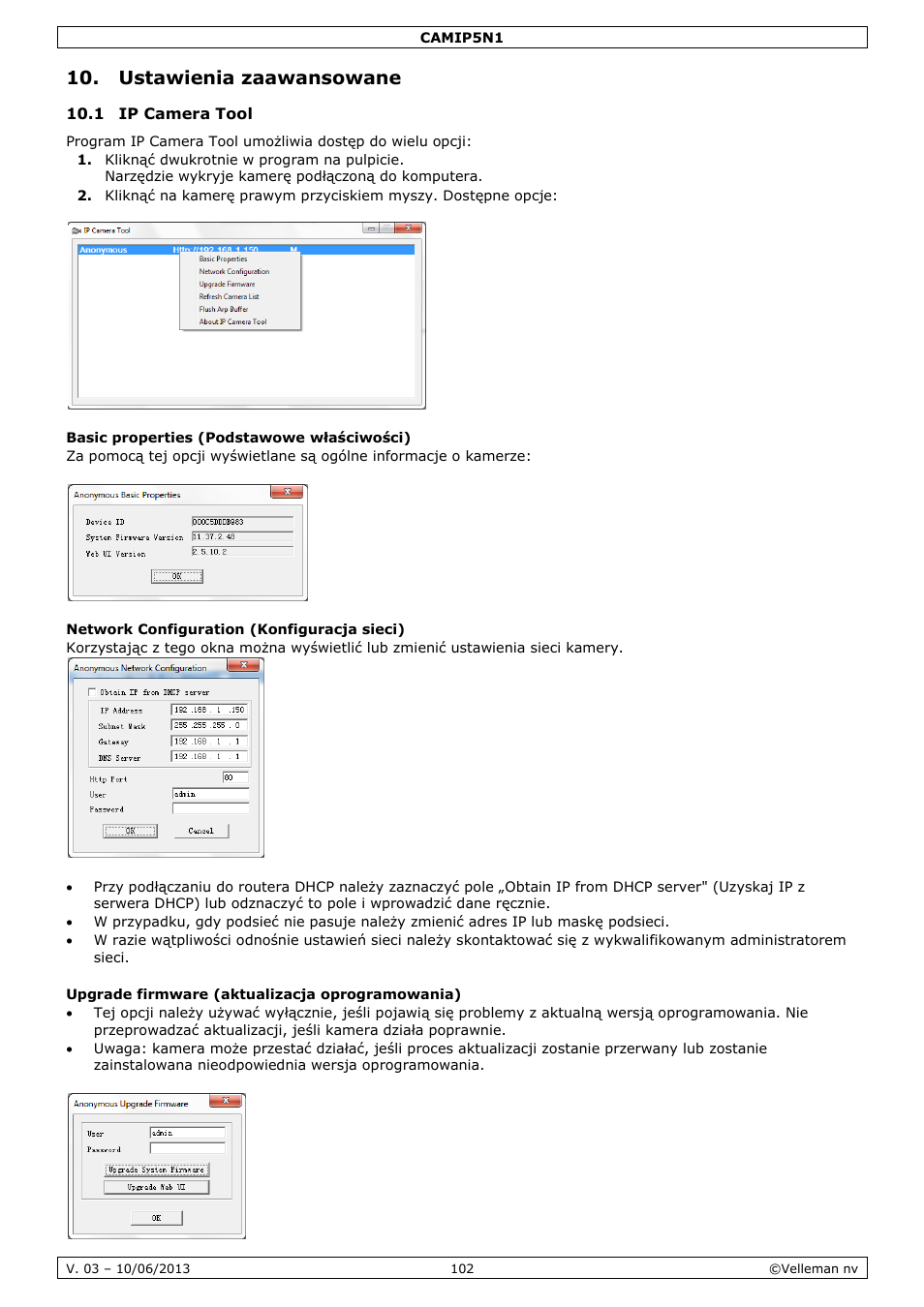 Ustawienia zaawansowane, 1 ip camera tool | Velleman CAMIP5N1 User manual User Manual | Page 102 / 114