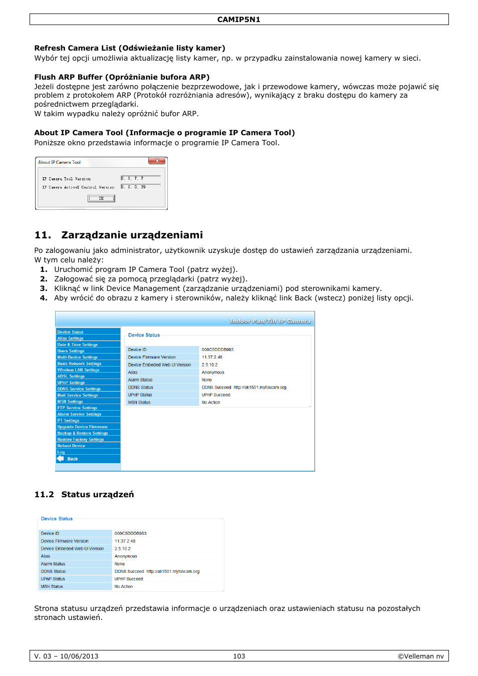 Zarządzanie urządzeniami, 2 status urządzeń | Velleman CAMIP5N1 User manual User Manual | Page 103 / 114