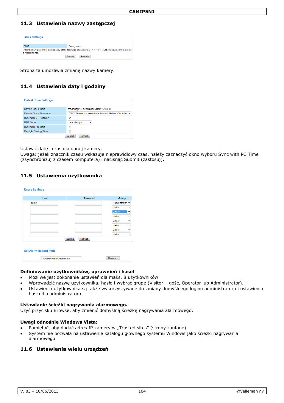 3 ustawienia nazwy zastępczej, 4 ustawienia daty i godziny, 5 ustawienia użytkownika | Definiowanie użytkowników, uprawnień i haseł, Ustawianie ścieżki nagrywania alarmowego, 6 ustawienia wielu urządzeń | Velleman CAMIP5N1 User manual User Manual | Page 104 / 114