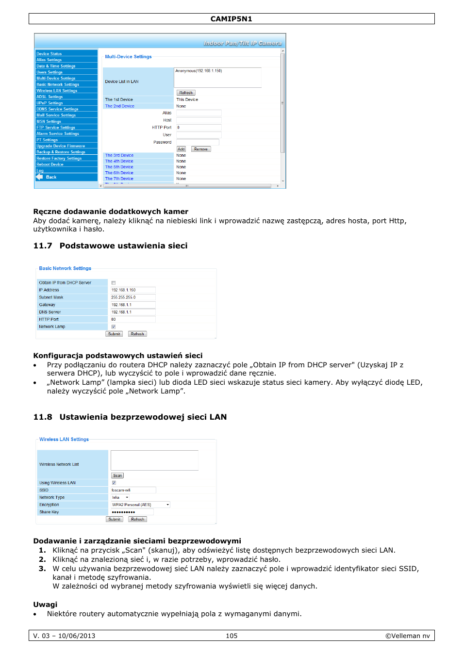 Ręczne dodawanie dodatkowych kamer, 7 podstawowe ustawienia sieci, 8 ustawienia bezprzewodowej sieci lan | Velleman CAMIP5N1 User manual User Manual | Page 105 / 114