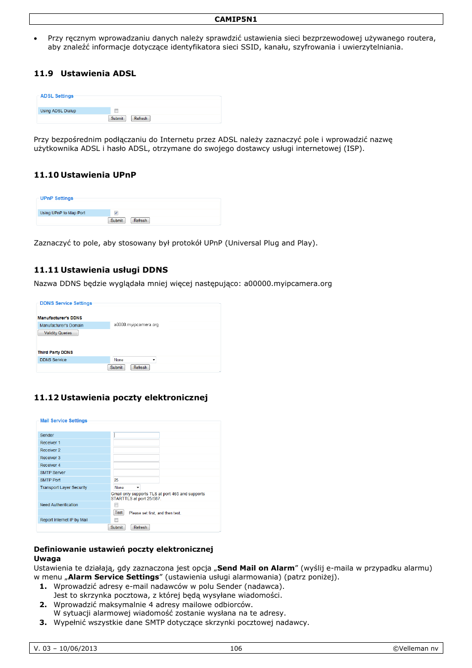 9 ustawienia adsl, 10 ustawienia upnp, 11 ustawienia usługi ddns | 12 ustawienia poczty elektronicznej | Velleman CAMIP5N1 User manual User Manual | Page 106 / 114