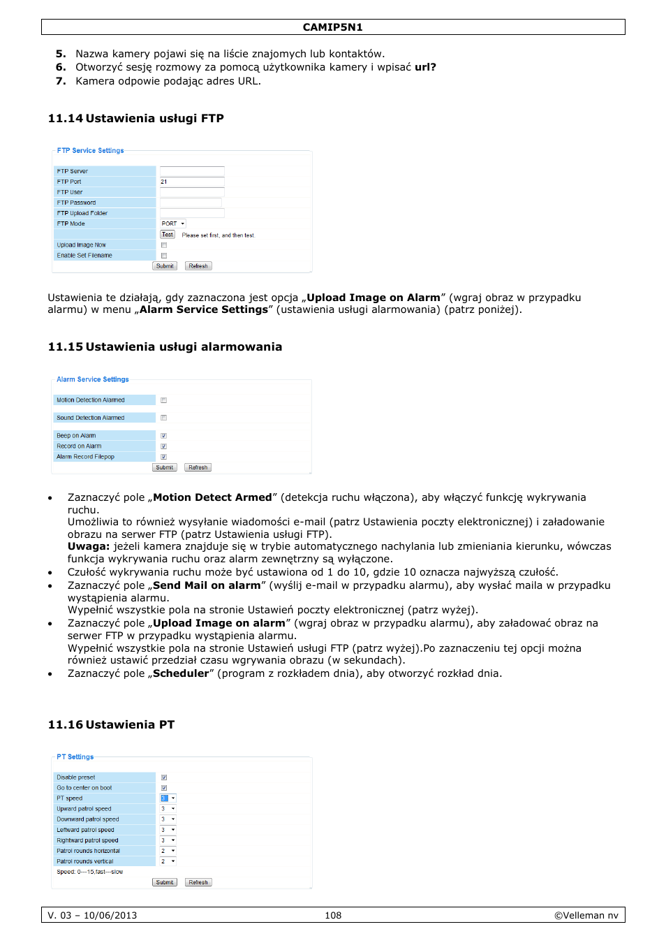 14 ustawienia usługi ftp, 15 ustawienia usługi alarmowania, 16 ustawienia pt | Velleman CAMIP5N1 User manual User Manual | Page 108 / 114