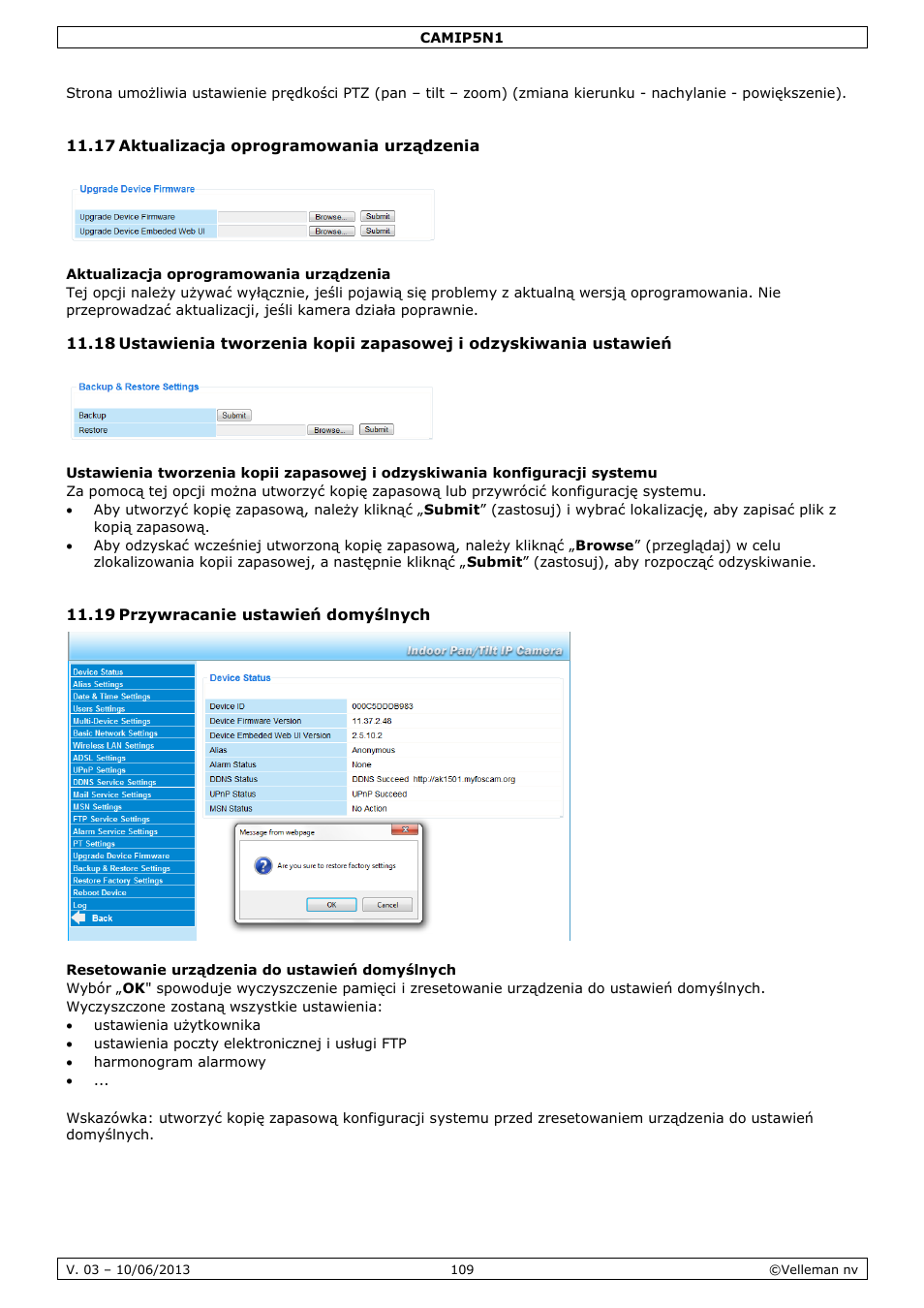 17 aktualizacja oprogramowania urządzenia, 19 przywracanie ustawień domyślnych | Velleman CAMIP5N1 User manual User Manual | Page 109 / 114