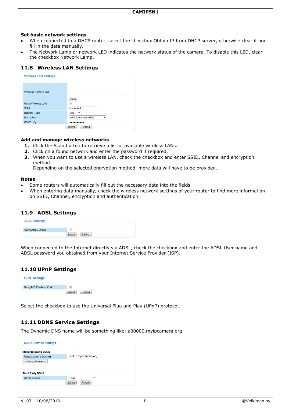 Set basic network settings, 8 wireless lan settings, Add and manage wireless networks | Notes, 9 adsl settings, 10 upnp settings, 11 ddns service settings | Velleman CAMIP5N1 User manual User Manual | Page 11 / 114