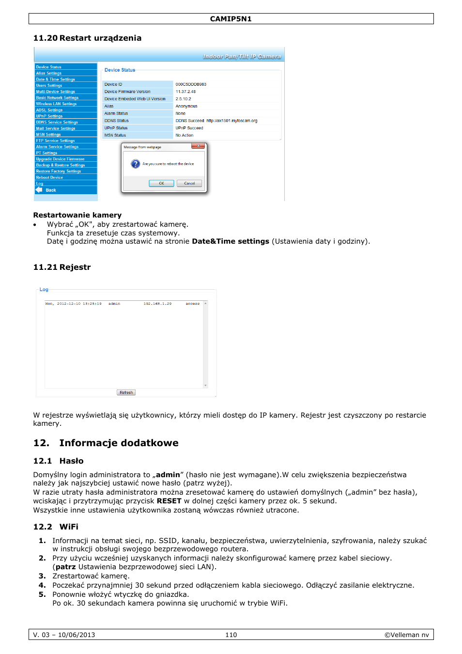 20 restart urządzenia, 21 rejestr, Informacje dodatkowe | 1 hasło, 2 wifi | Velleman CAMIP5N1 User manual User Manual | Page 110 / 114