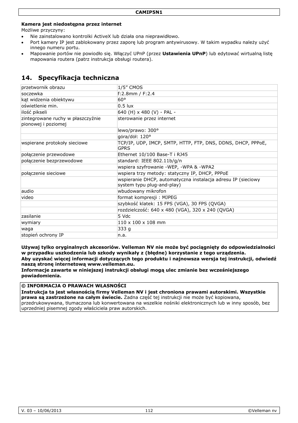 Kamera jest niedostępna przez internet, Specyfikacja techniczna | Velleman CAMIP5N1 User manual User Manual | Page 112 / 114