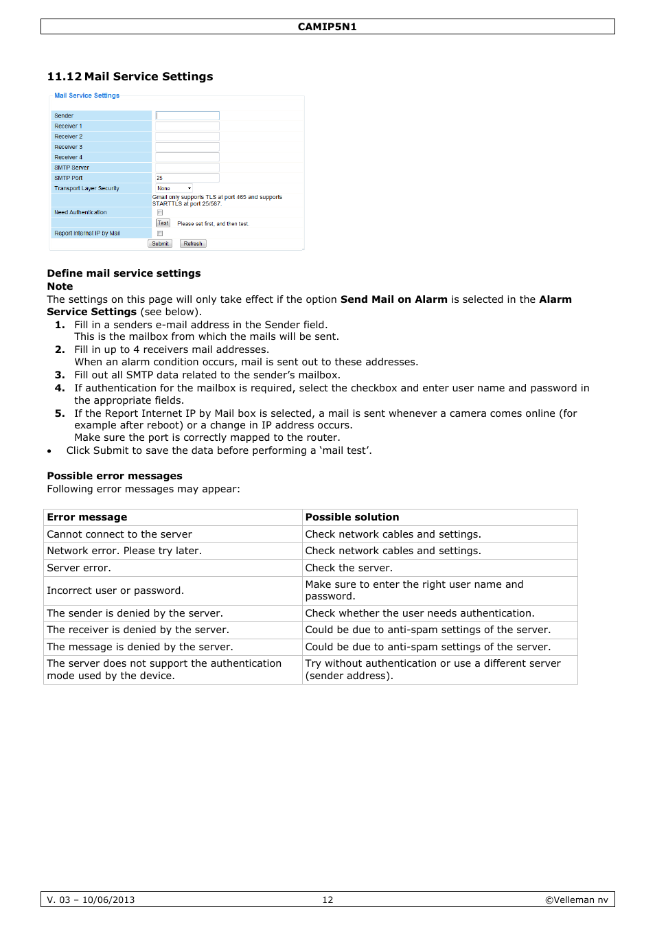 12 mail service settings, Define mail service settings, Possible error messages | Velleman CAMIP5N1 User manual User Manual | Page 12 / 114