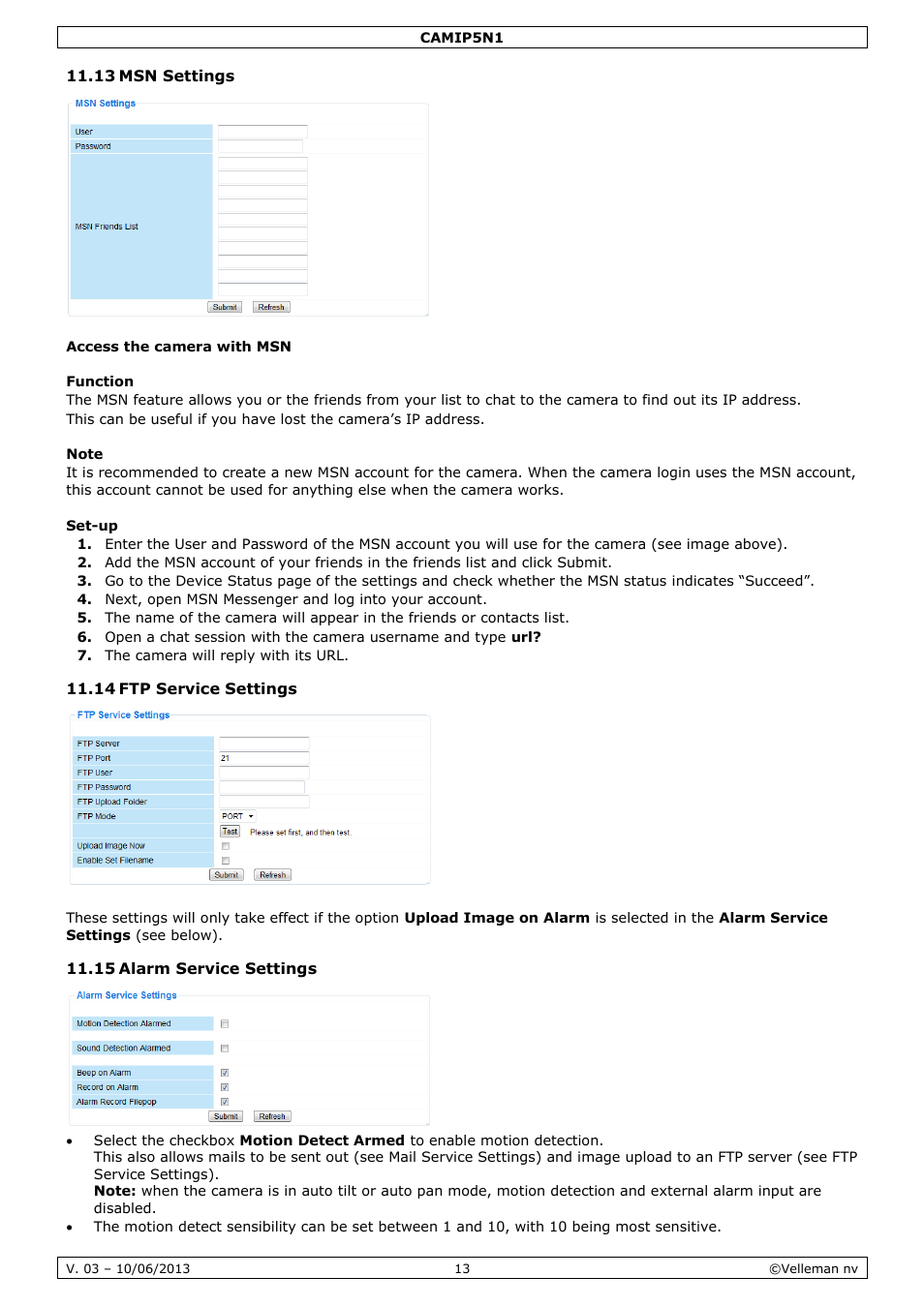 13 msn settings, Access the camera with msn, Function | Note, Set-up, 14 ftp service settings, 15 alarm service settings | Velleman CAMIP5N1 User manual User Manual | Page 13 / 114