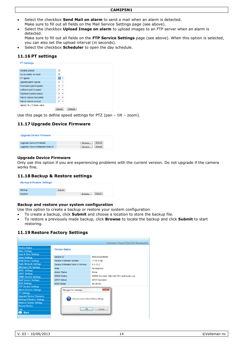 16 pt settings, 17 upgrade device firmware, Upgrade device firmware | 18 backup & restore settings, Backup and restore your system configuration, 19 restore factory settings | Velleman CAMIP5N1 User manual User Manual | Page 14 / 114