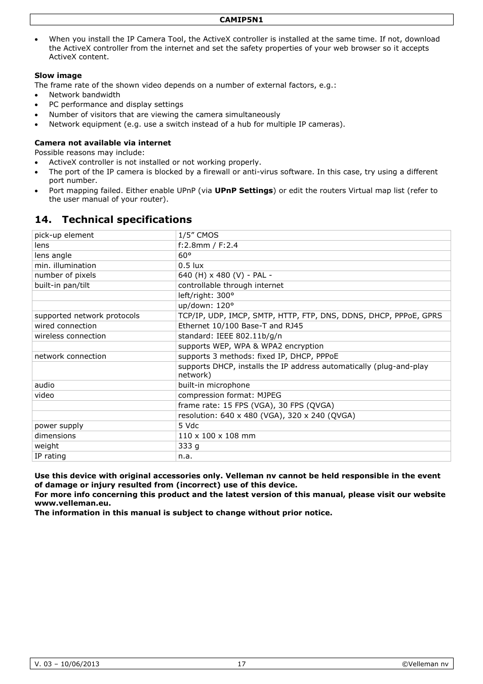 Slow image, Camera not available via internet, Technical specifications | Velleman CAMIP5N1 User manual User Manual | Page 17 / 114