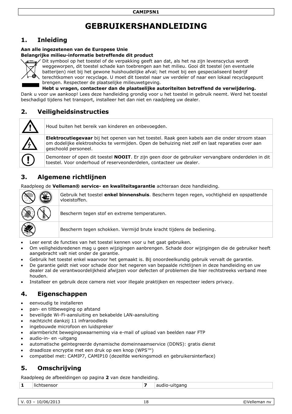 Gebruikershandleiding, Inleiding, Veiligheidsinstructies | Algemene richtlijnen, Eigenschappen, Omschrijving | Velleman CAMIP5N1 User manual User Manual | Page 18 / 114