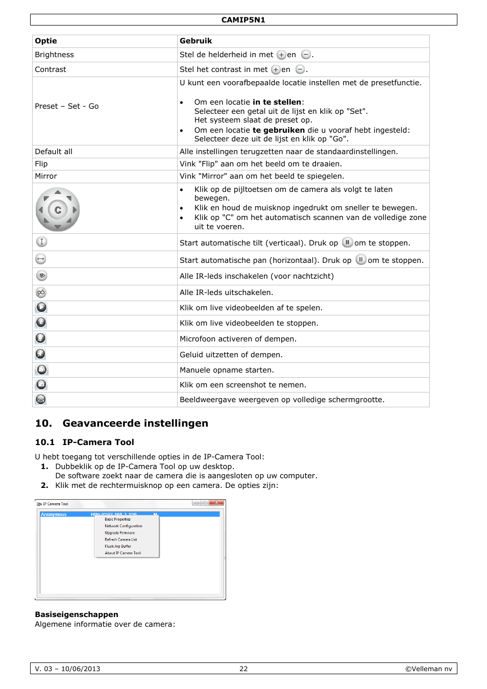 Geavanceerde instellingen, 1 ip-camera tool, Basiseigenschappen | Velleman CAMIP5N1 User manual User Manual | Page 22 / 114