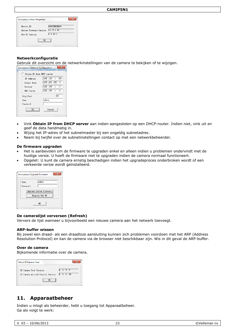 Netwerkconfiguratie, De firmware upgraden, De cameralijst verversen (refresh) | Arp-buffer wissen, Over de camera, Apparaatbeheer | Velleman CAMIP5N1 User manual User Manual | Page 23 / 114