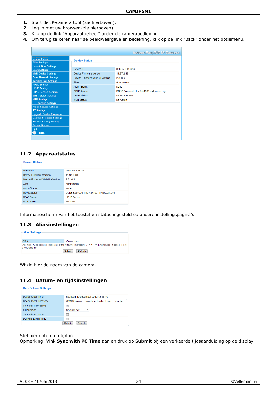 2 apparaatstatus, 3 aliasinstellingen, 4 datum- en tijdsinstellingen | Velleman CAMIP5N1 User manual User Manual | Page 24 / 114