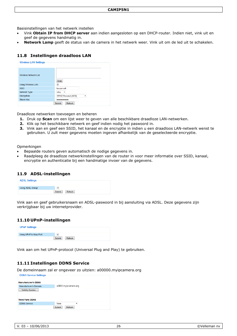 Basisinstellingen van het netwerk instellen, 8 instellingen draadloos lan, Draadloze netwerken toevoegen en beheren | Opmerkingen, 9 adsl-instellingen, 10 upnp-instellingen, 11 instellingen ddns service | Velleman CAMIP5N1 User manual User Manual | Page 26 / 114