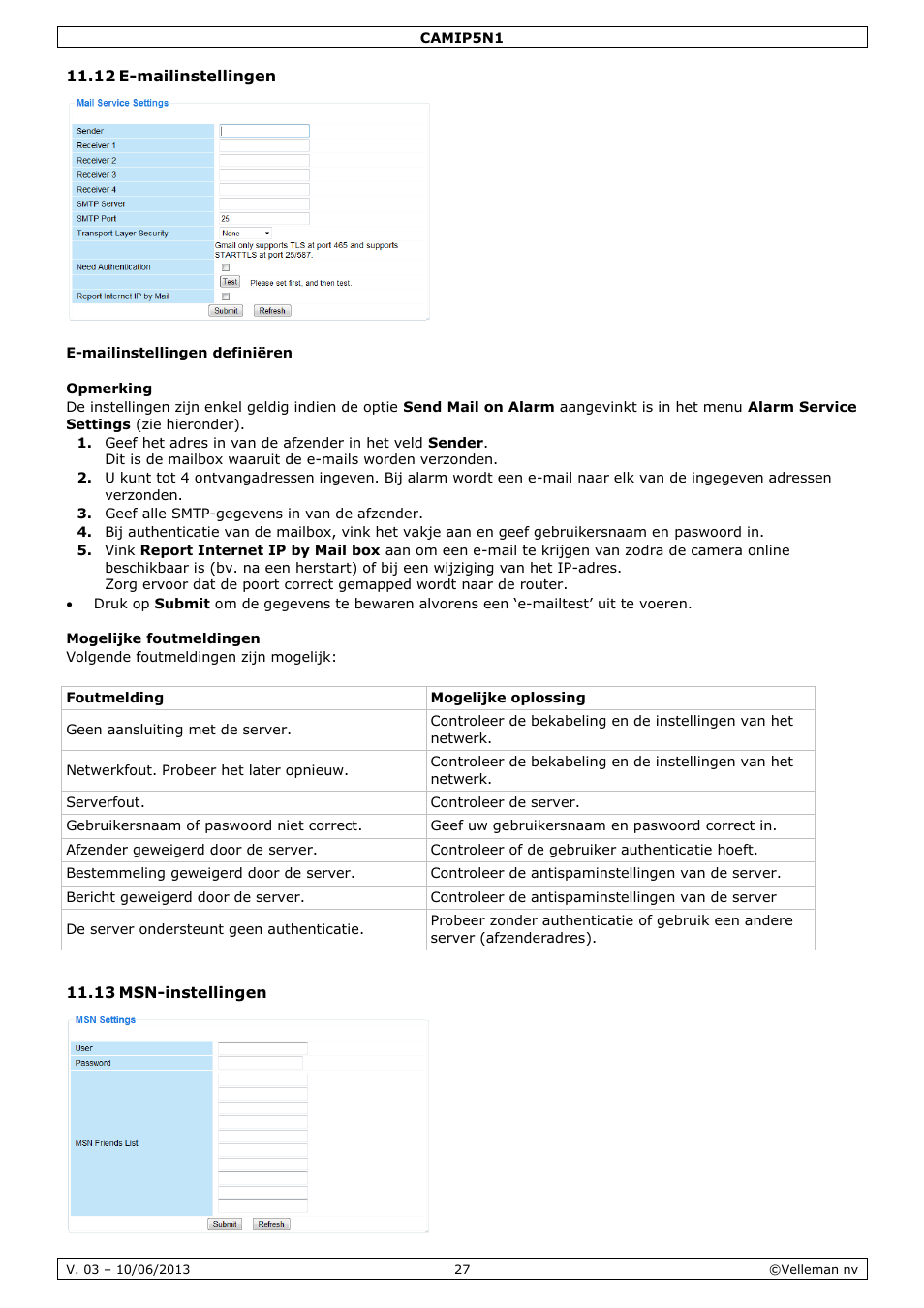 12 e-mailinstellingen, E-mailinstellingen definiëren, Opmerking | Mogelijke foutmeldingen, 13 msn-instellingen | Velleman CAMIP5N1 User manual User Manual | Page 27 / 114