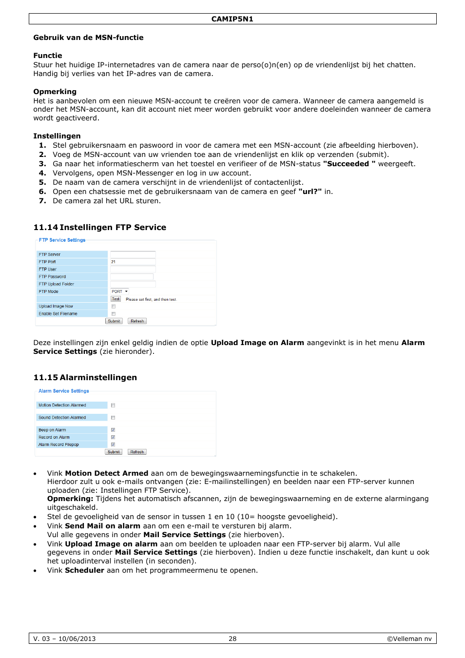 Gebruik van de msn-functie, Functie, Opmerking | Instellingen, 14 instellingen ftp service, 15 alarminstellingen | Velleman CAMIP5N1 User manual User Manual | Page 28 / 114