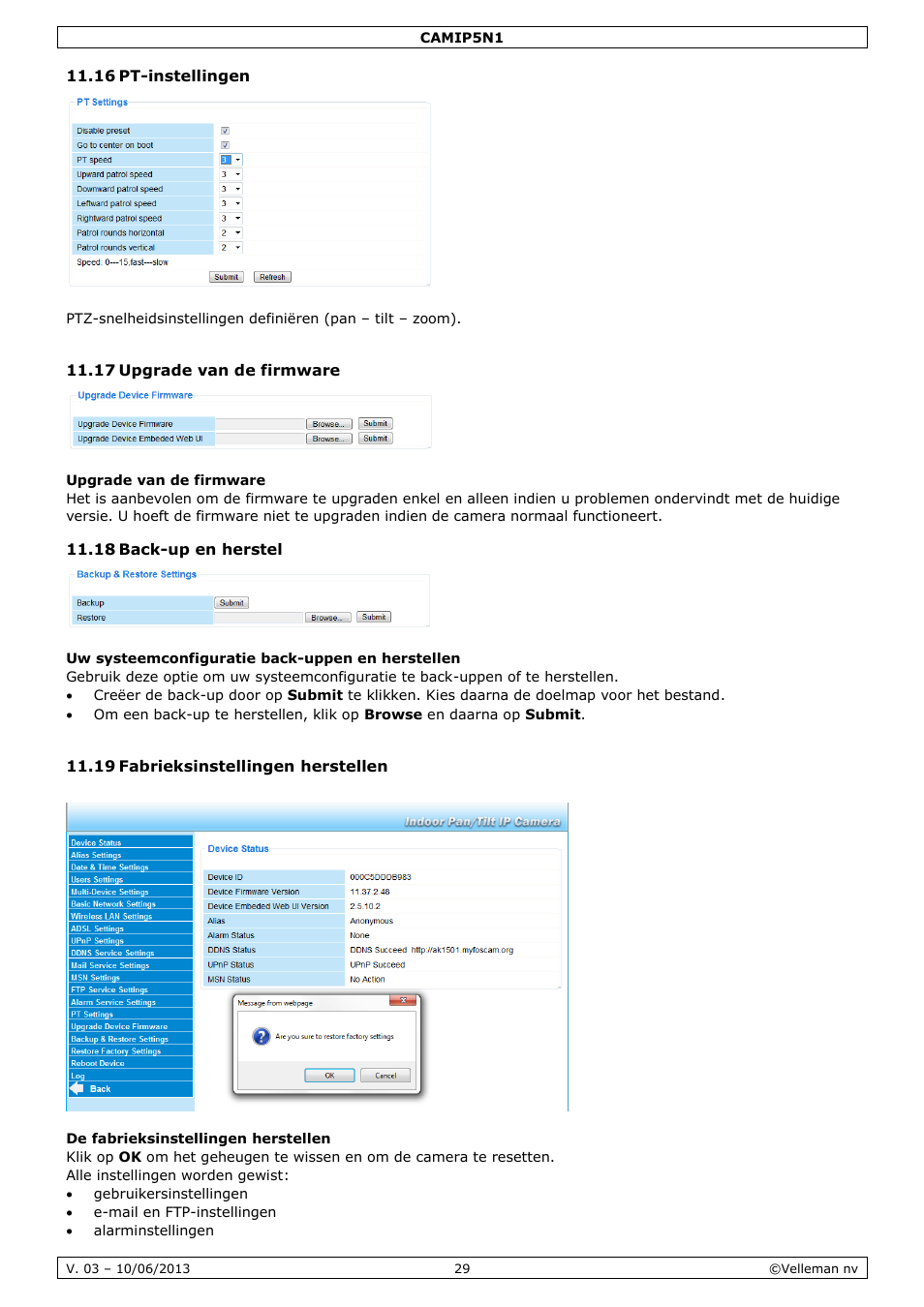 16 pt-instellingen, 17 upgrade van de firmware, Upgrade van de firmware | 18 back-up en herstel, Uw systeemconfiguratie back-uppen en herstellen, 19 fabrieksinstellingen herstellen, De fabrieksinstellingen herstellen | Velleman CAMIP5N1 User manual User Manual | Page 29 / 114