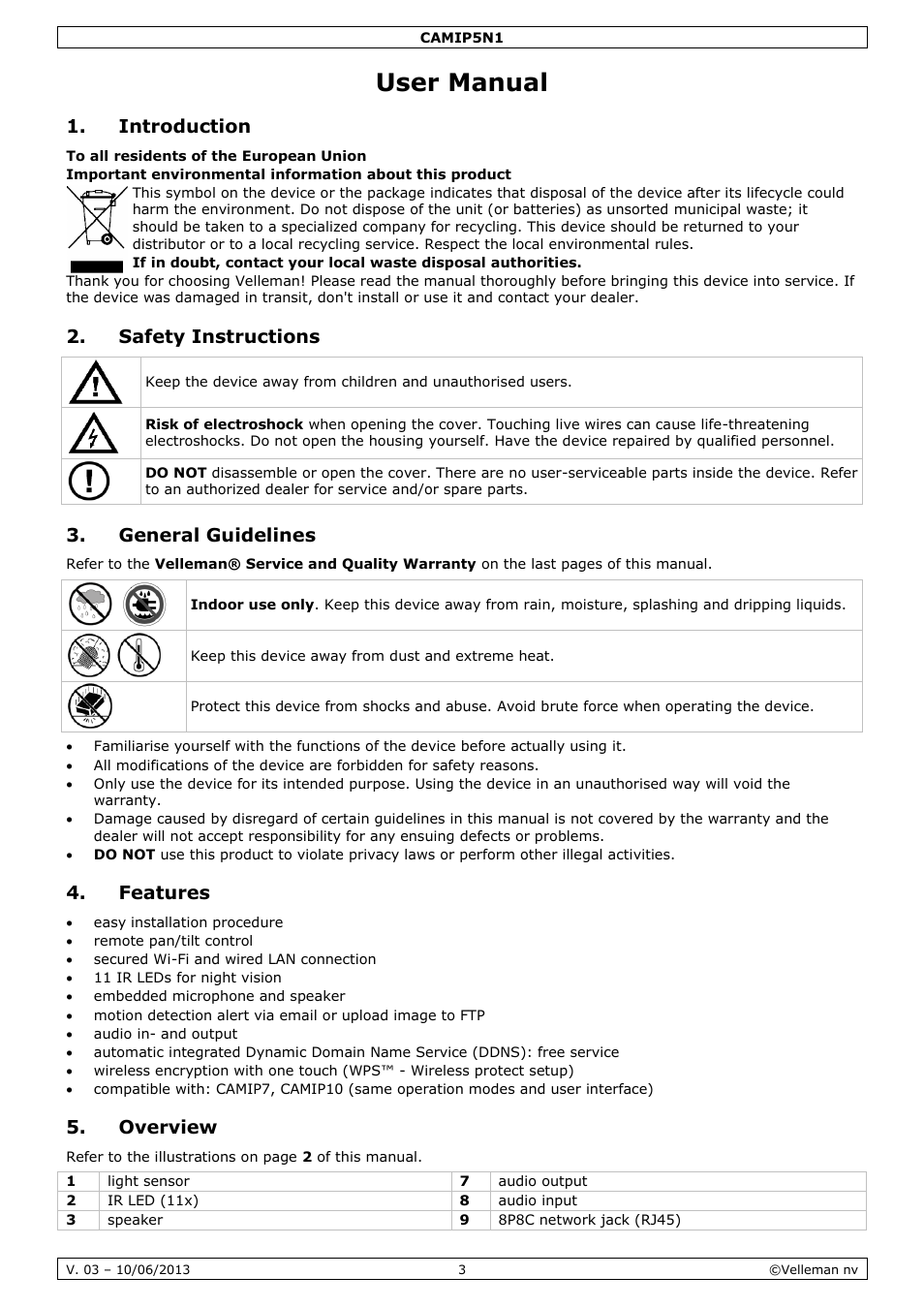 User manual, Introduction, Safety instructions | General guidelines, Features, Overview | Velleman CAMIP5N1 User manual User Manual | Page 3 / 114