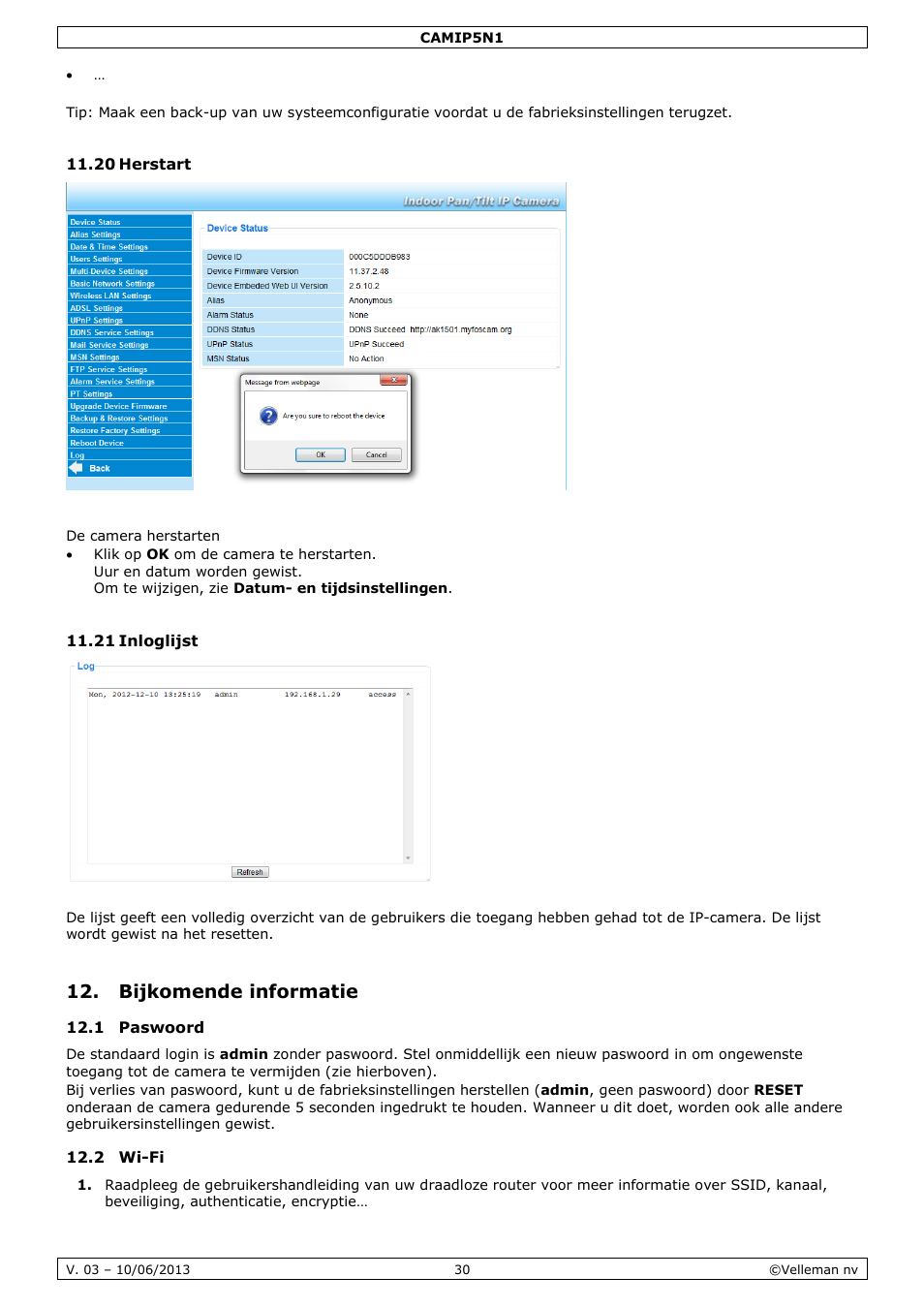 20 herstart, De camera herstarten, 21 inloglijst | Bijkomende informatie, 1 paswoord, 2 wi-fi | Velleman CAMIP5N1 User manual User Manual | Page 30 / 114