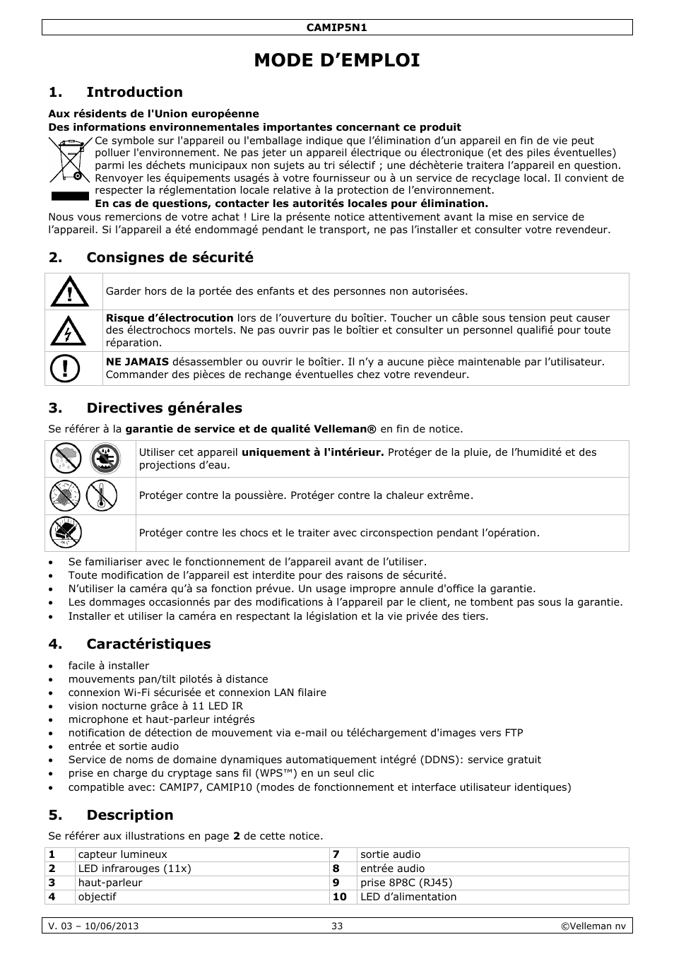 Mode d’emploi, Introduction, Consignes de sécurité | Directives générales, Caractéristiques, Description, Mode d‟emploi | Velleman CAMIP5N1 User manual User Manual | Page 33 / 114