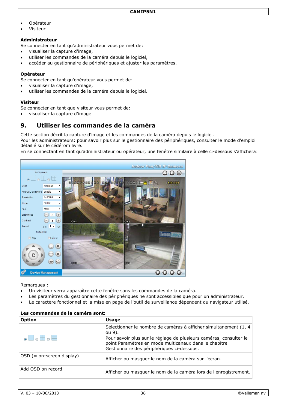 Administrateur, Opérateur, Visiteur | Utiliser les commandes de la caméra, Les commandes de la caméra sont | Velleman CAMIP5N1 User manual User Manual | Page 36 / 114