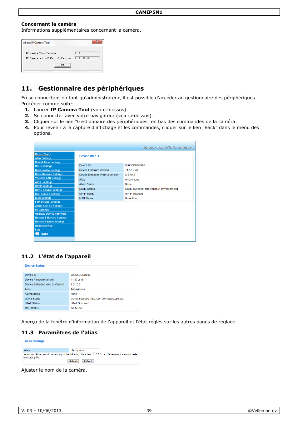 Gestionnaire des périphériques, 2 l'état de l'appareil, 3 paramètres de l'alias | Velleman CAMIP5N1 User manual User Manual | Page 39 / 114