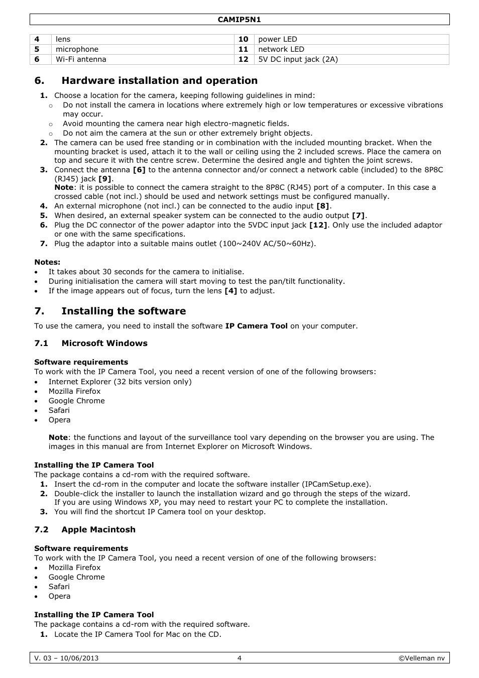 Hardware installation and operation, Notes, Installing the software | 1 microsoft windows, Software requirements, Installing the ip camera tool, 2 apple macintosh | Velleman CAMIP5N1 User manual User Manual | Page 4 / 114