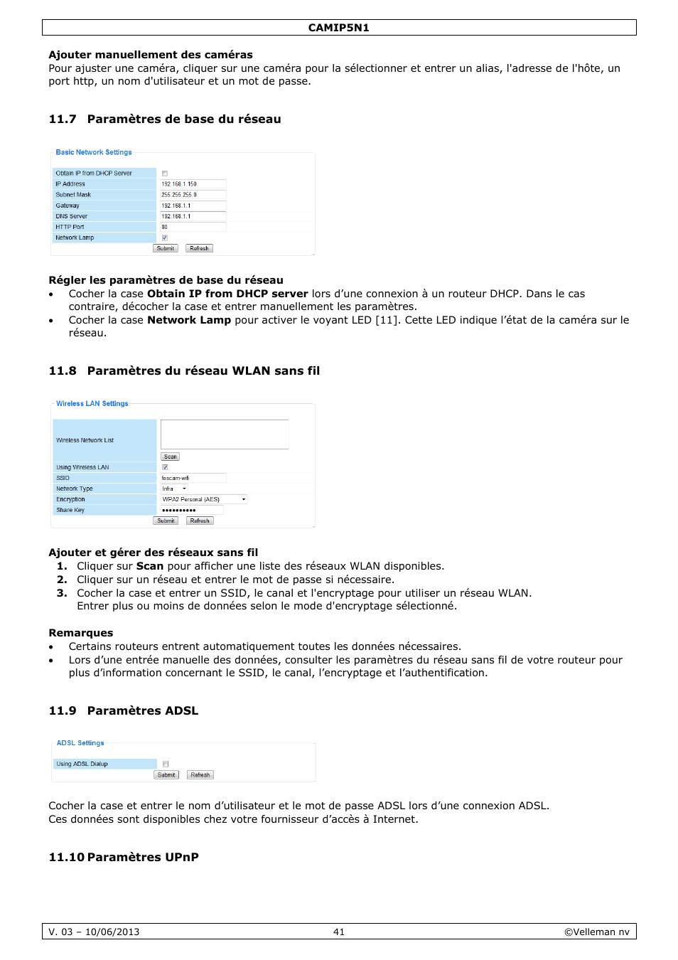 Ajouter manuellement des caméras, 7 paramètres de base du réseau, 8 paramètres du réseau wlan sans fil | 9 paramètres adsl, 10 paramètres upnp | Velleman CAMIP5N1 User manual User Manual | Page 41 / 114