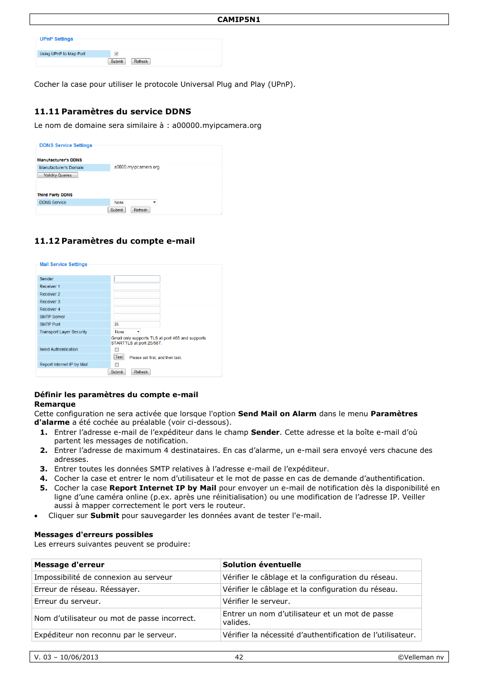 11 paramètres du service ddns, 12 paramètres du compte e-mail | Velleman CAMIP5N1 User manual User Manual | Page 42 / 114