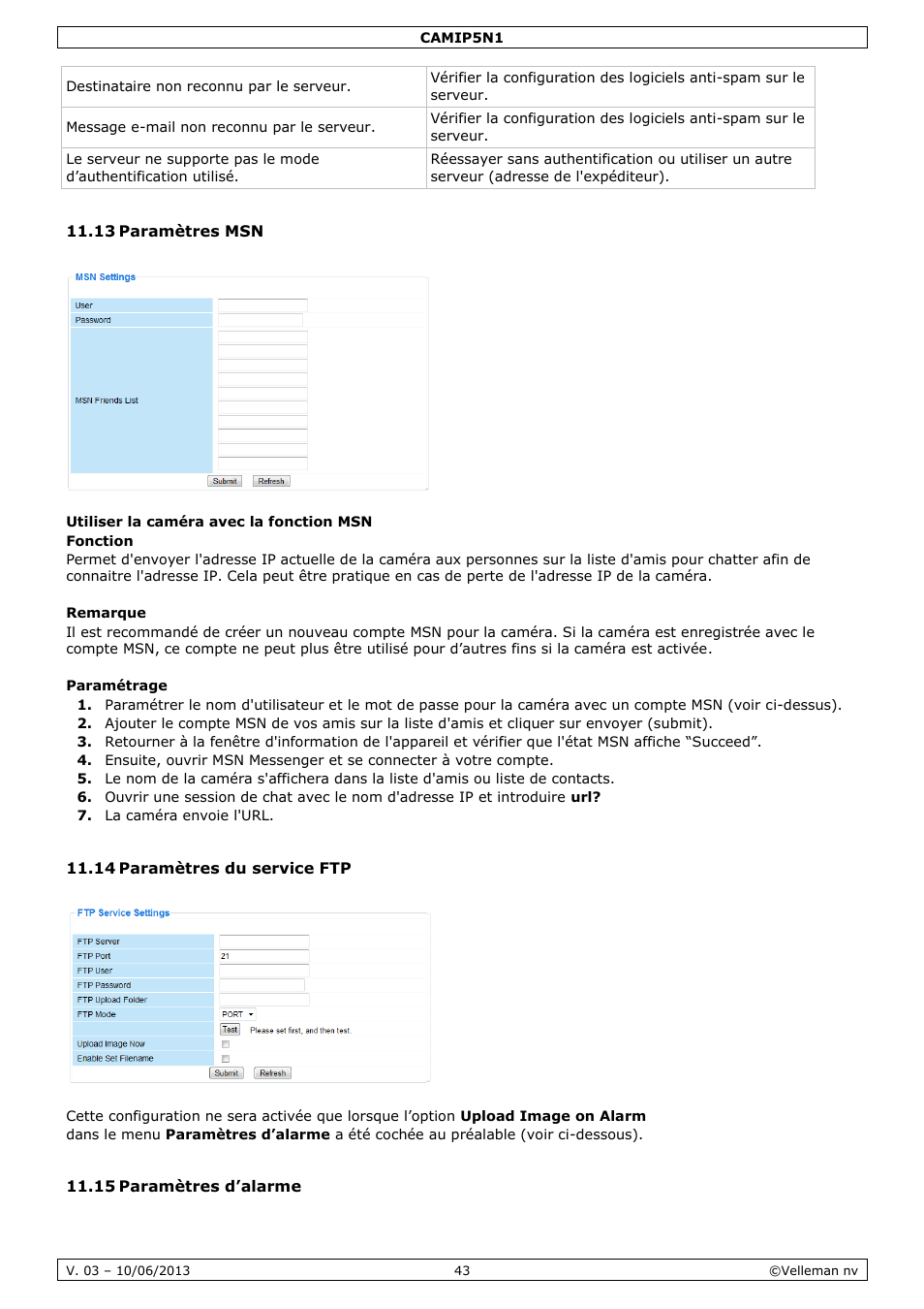 13 paramètres msn, 14 paramètres du service ftp, 15 paramètres d’alarme | Velleman CAMIP5N1 User manual User Manual | Page 43 / 114