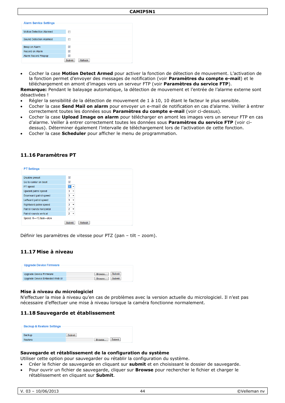 16 paramètres pt, 17 mise à niveau, 18 sauvegarde et établissement | Velleman CAMIP5N1 User manual User Manual | Page 44 / 114