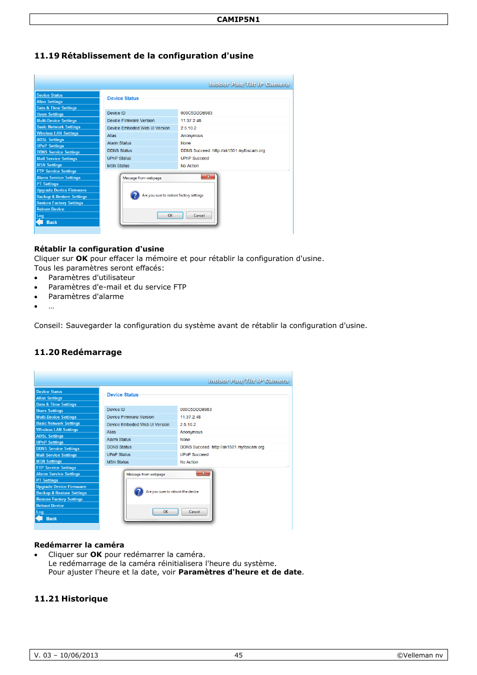 19 rétablissement de la configuration d'usine, 20 redémarrage, 21 historique | Velleman CAMIP5N1 User manual User Manual | Page 45 / 114