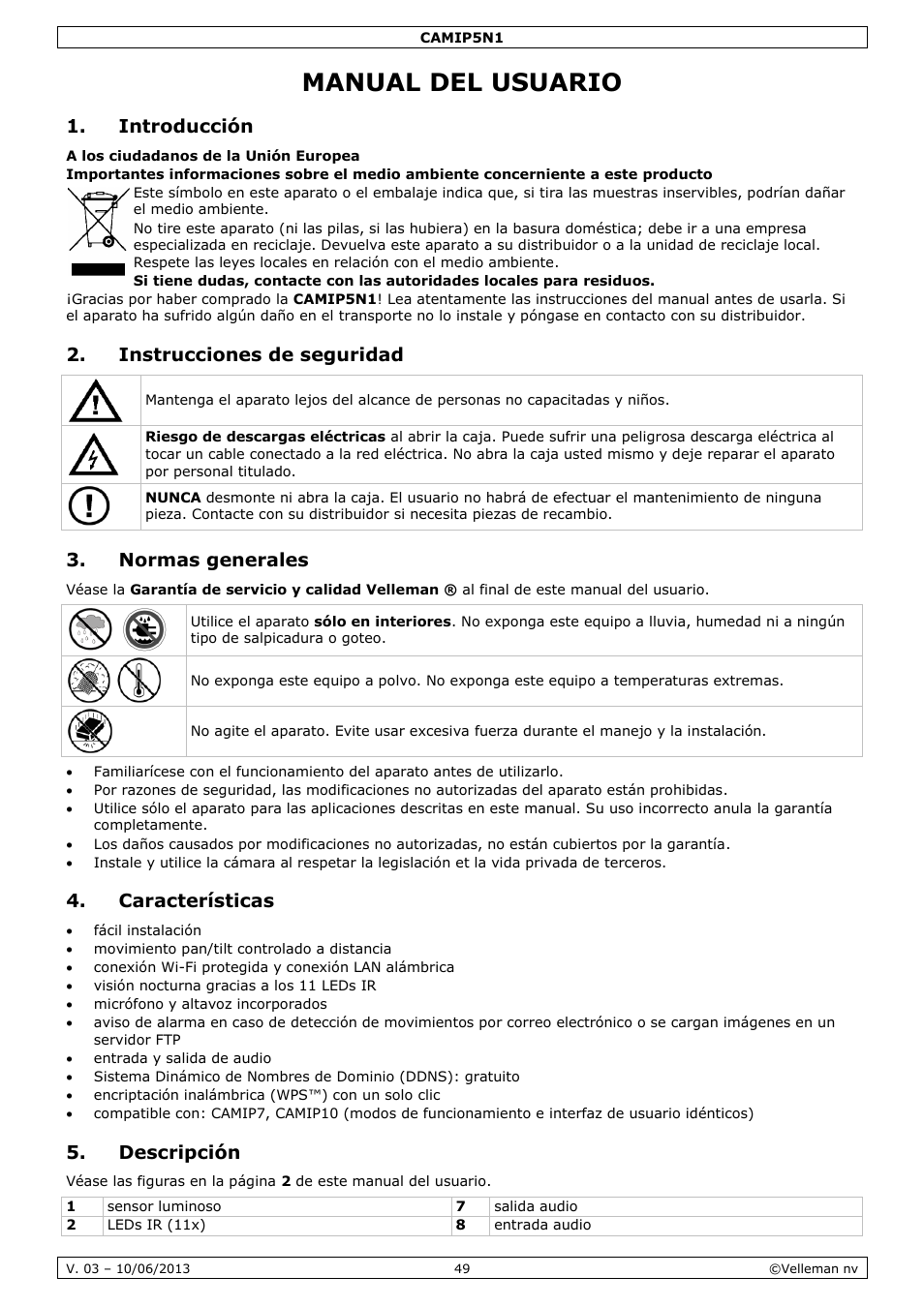 Manual del usuario, Introducción, Instrucciones de seguridad | Normas generales, Características, Descripción | Velleman CAMIP5N1 User manual User Manual | Page 49 / 114