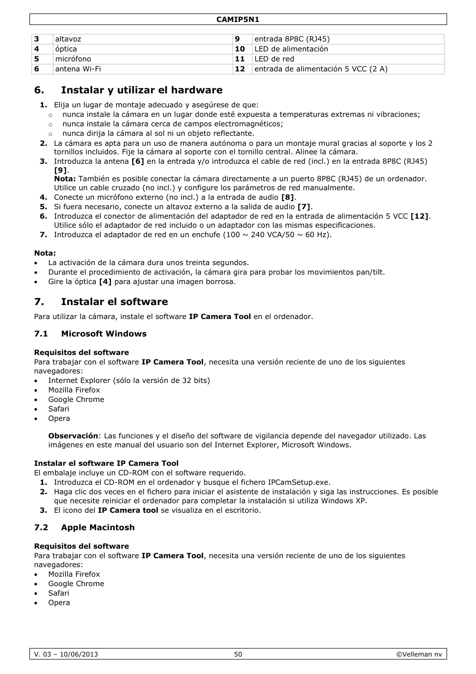 Instalar y utilizar el hardware, Nota, Instalar el software | 1 microsoft windows, Requisitos del software, Instalar el software ip camera tool, 2 apple macintosh | Velleman CAMIP5N1 User manual User Manual | Page 50 / 114