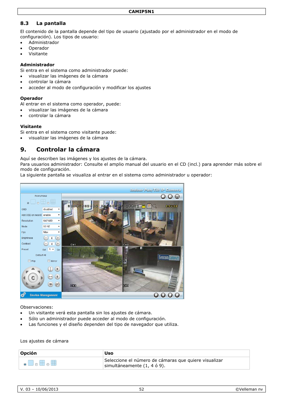 3 la pantalla, Administrador, Operador | Visitante, Controlar la cámara, Los ajustes de cámara | Velleman CAMIP5N1 User manual User Manual | Page 52 / 114