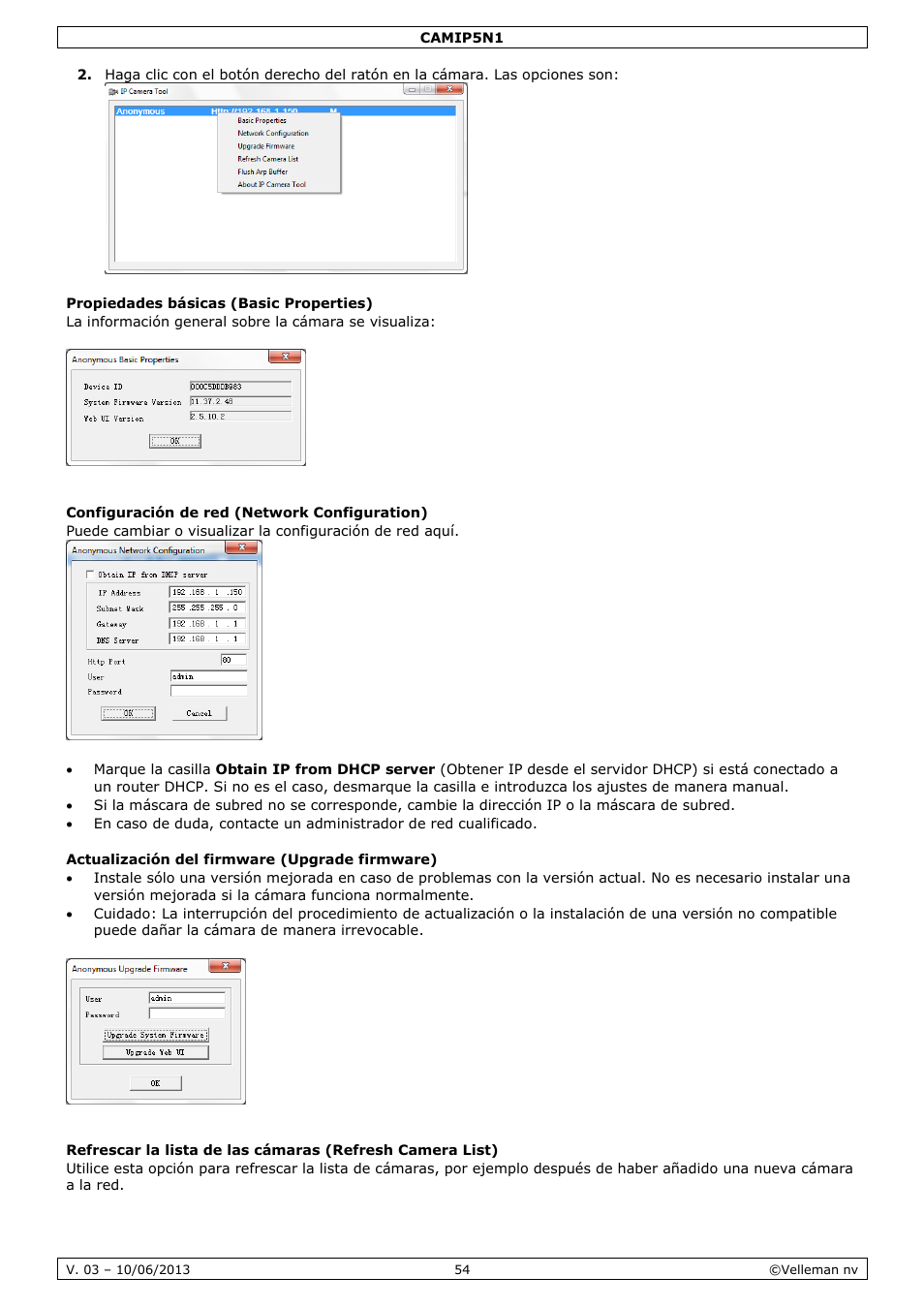 Configuración de red (network configuration), Actualización del firmware (upgrade firmware) | Velleman CAMIP5N1 User manual User Manual | Page 54 / 114