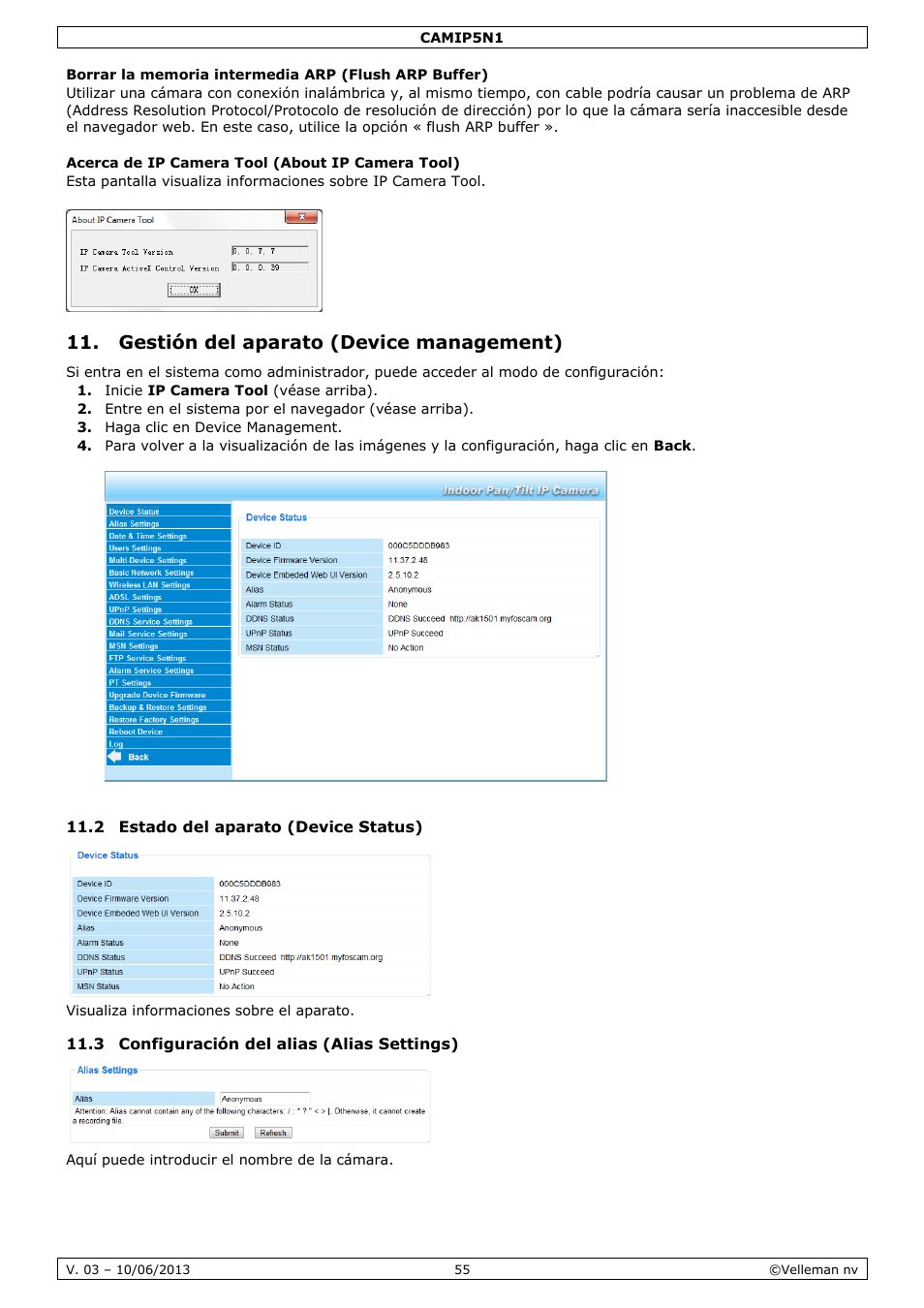 Acerca de ip camera tool (about ip camera tool), Gestión del aparato (device management), 2 estado del aparato (device status) | 3 configuración del alias (alias settings) | Velleman CAMIP5N1 User manual User Manual | Page 55 / 114