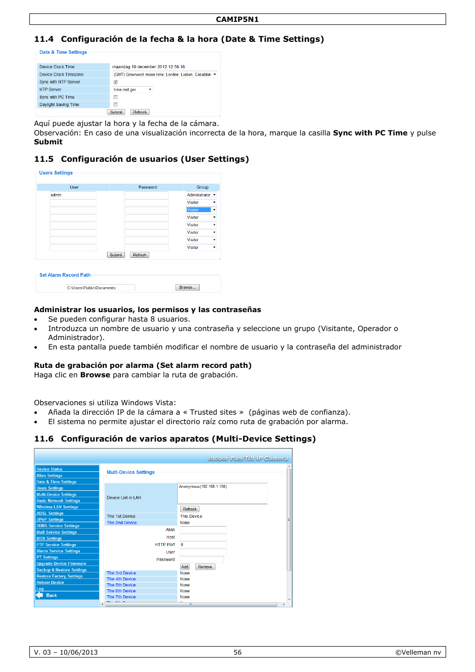 5 configuración de usuarios (user settings), Observaciones si utiliza windows vista | Velleman CAMIP5N1 User manual User Manual | Page 56 / 114