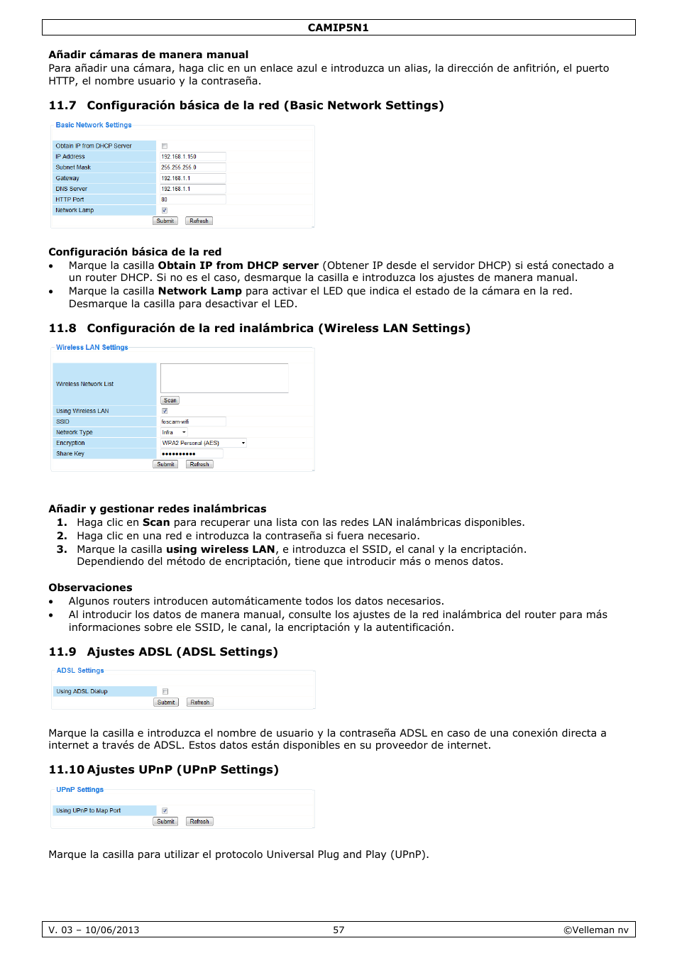 Añadir cámaras de manera manual, Configuración básica de la red, Añadir y gestionar redes inalámbricas | Observaciones, 9 ajustes adsl (adsl settings), 10 ajustes upnp (upnp settings) | Velleman CAMIP5N1 User manual User Manual | Page 57 / 114