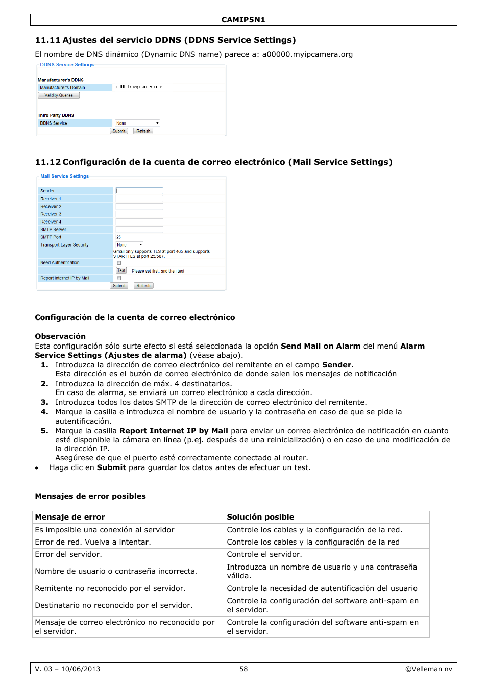 Configuración de la cuenta de correo electrónico, Observación, Mensajes de error posibles | Velleman CAMIP5N1 User manual User Manual | Page 58 / 114