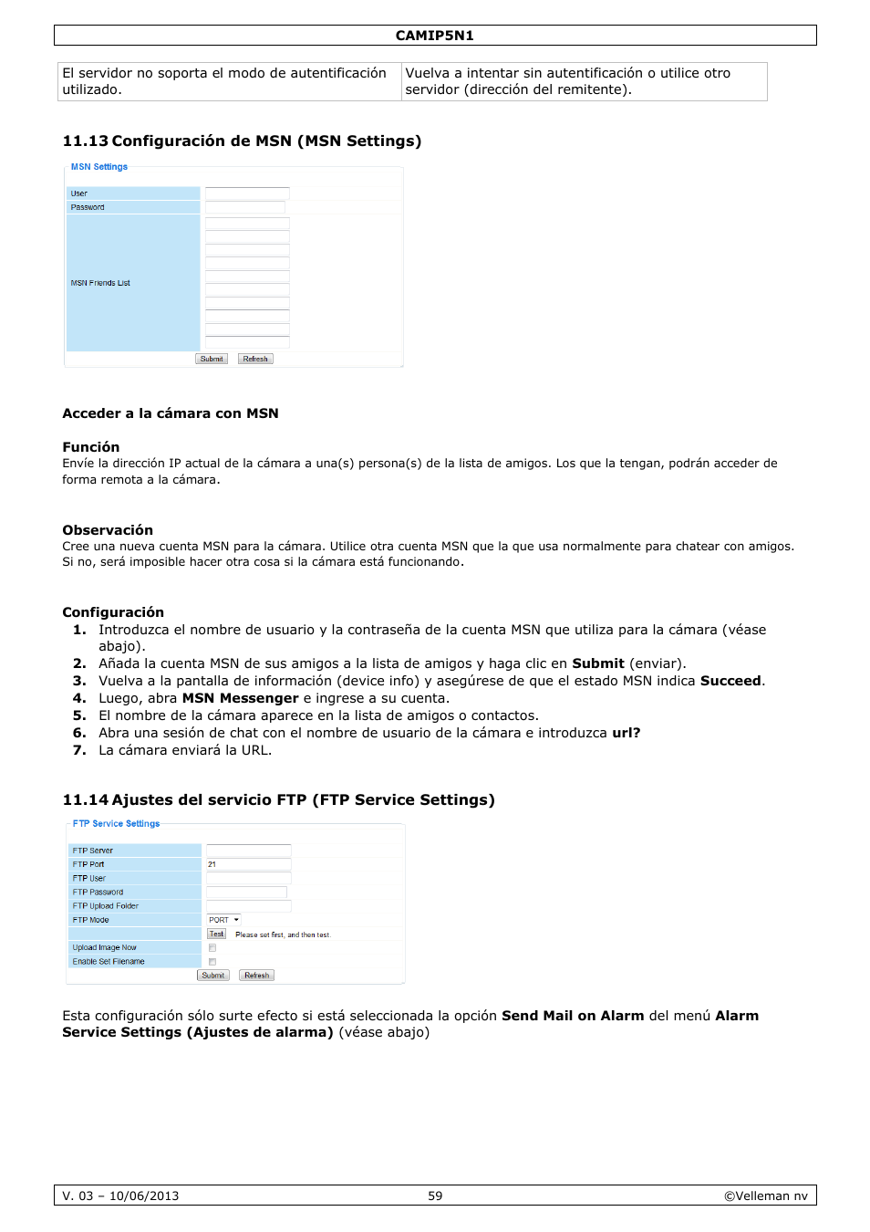 13 configuración de msn (msn settings), Acceder a la cámara con msn, Función | Observación, Configuración, 14 ajustes del servicio ftp (ftp service settings) | Velleman CAMIP5N1 User manual User Manual | Page 59 / 114