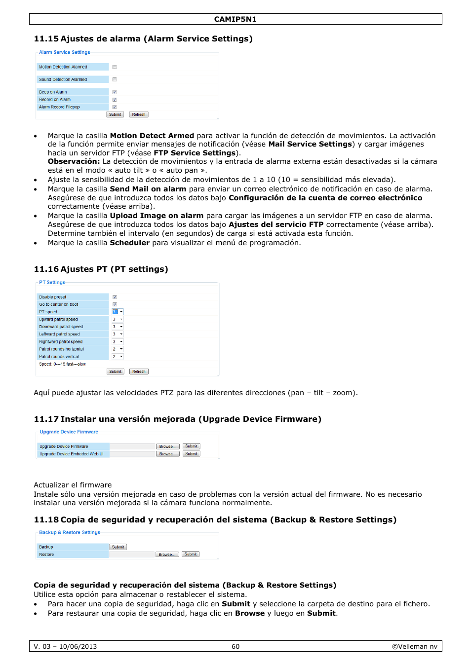 15 ajustes de alarma (alarm service settings), 16 ajustes pt (pt settings), Actualizar el firmware | Velleman CAMIP5N1 User manual User Manual | Page 60 / 114