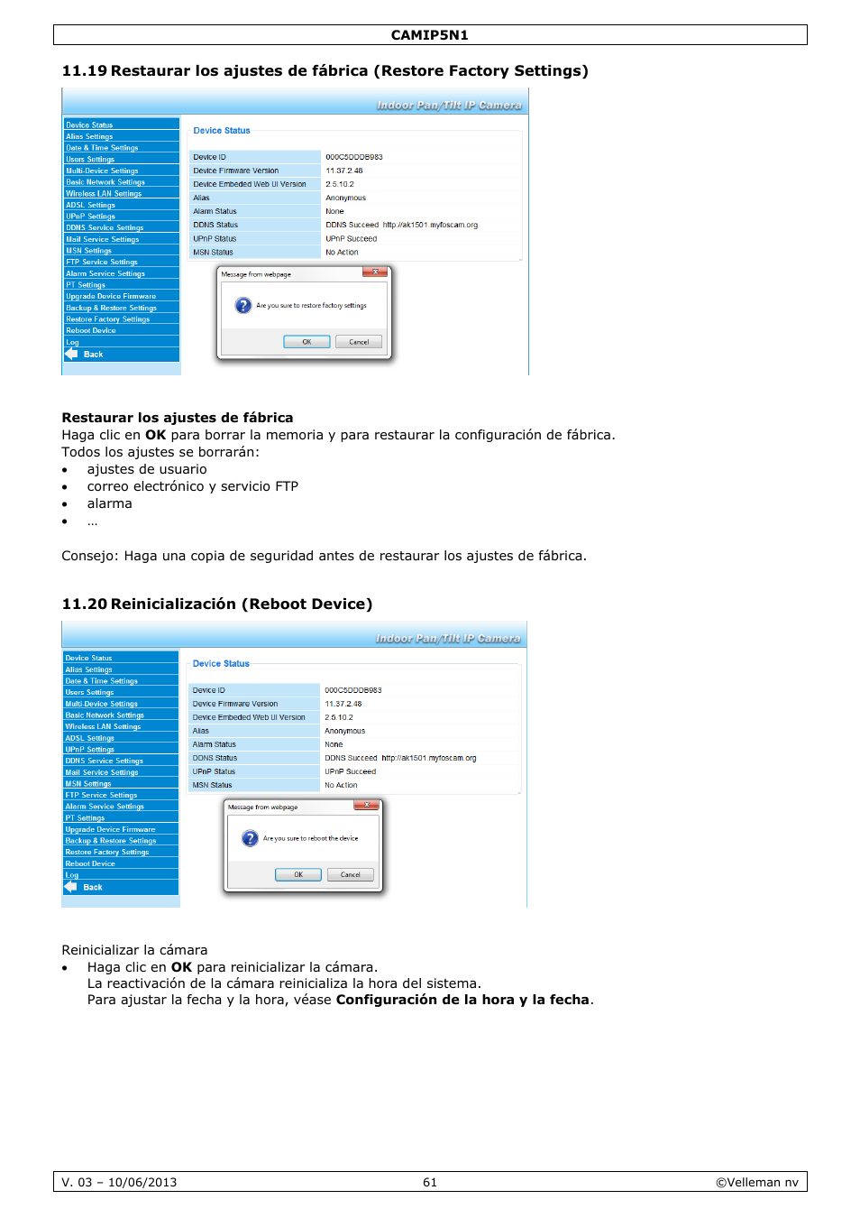 Restaurar los ajustes de fábrica, 20 reinicialización (reboot device), Reinicializar la cámara | Velleman CAMIP5N1 User manual User Manual | Page 61 / 114