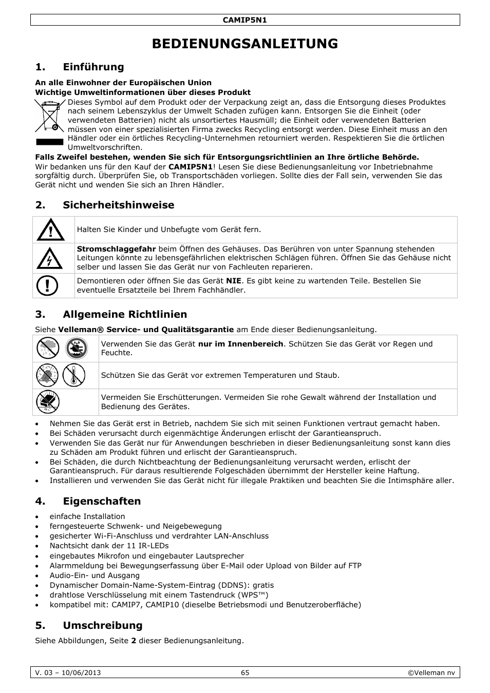 Bedienungsanleitung, Einführung, Sicherheitshinweise | Allgemeine richtlinien, Eigenschaften, Umschreibung | Velleman CAMIP5N1 User manual User Manual | Page 65 / 114