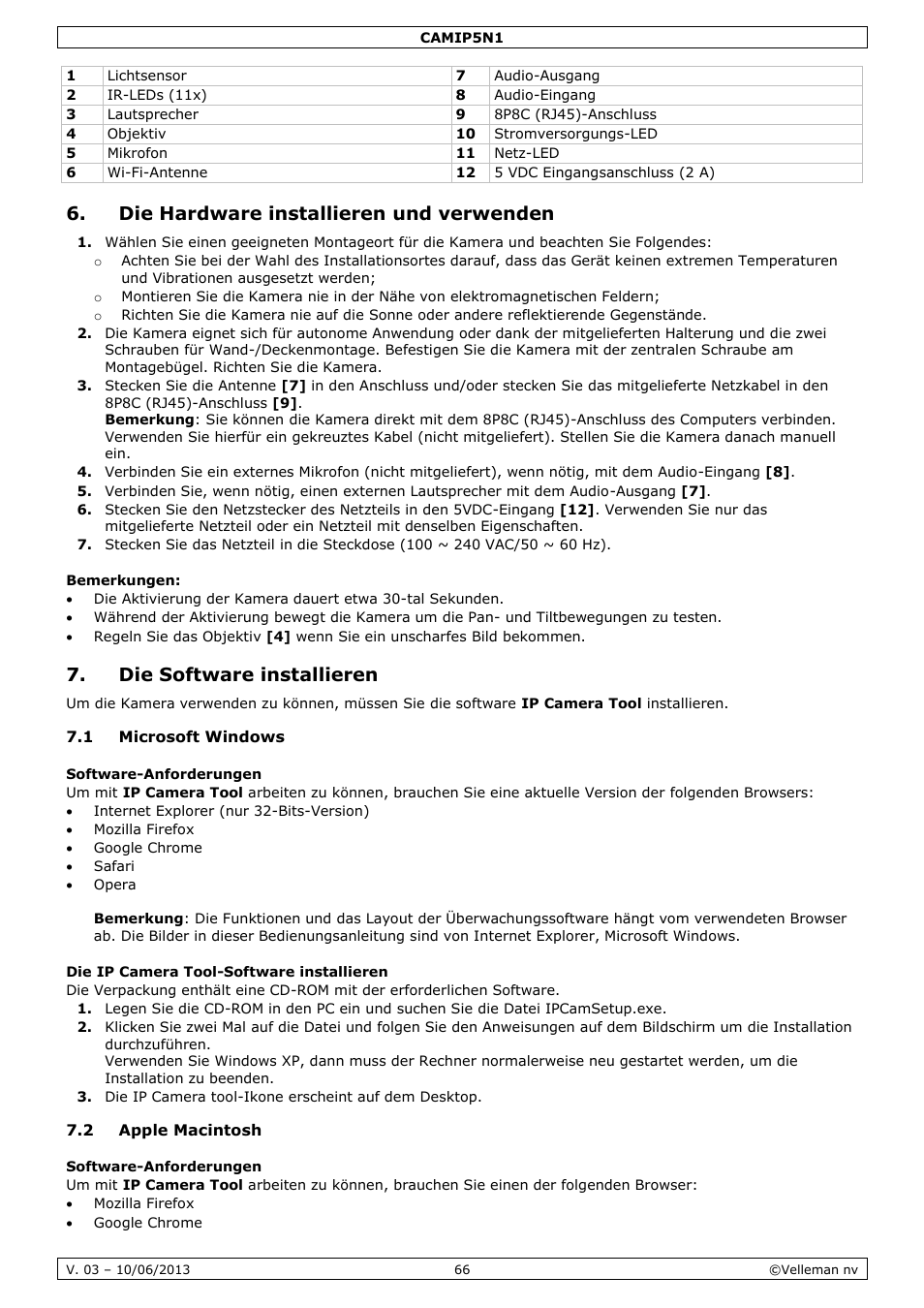 Die hardware installieren und verwenden, Bemerkungen, Die software installieren | 1 microsoft windows, Software-anforderungen, Die ip camera tool-software installieren, 2 apple macintosh | Velleman CAMIP5N1 User manual User Manual | Page 66 / 114