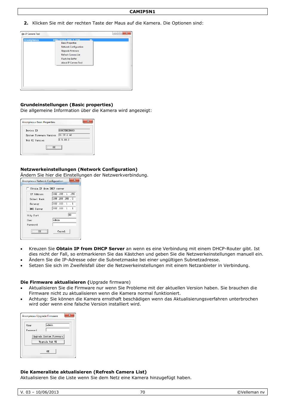 Grundeinstellungen (basic properties), Netzwerkeinstellungen (network configuration), Die firmware aktualisieren (upgrade firmware) | Velleman CAMIP5N1 User manual User Manual | Page 70 / 114