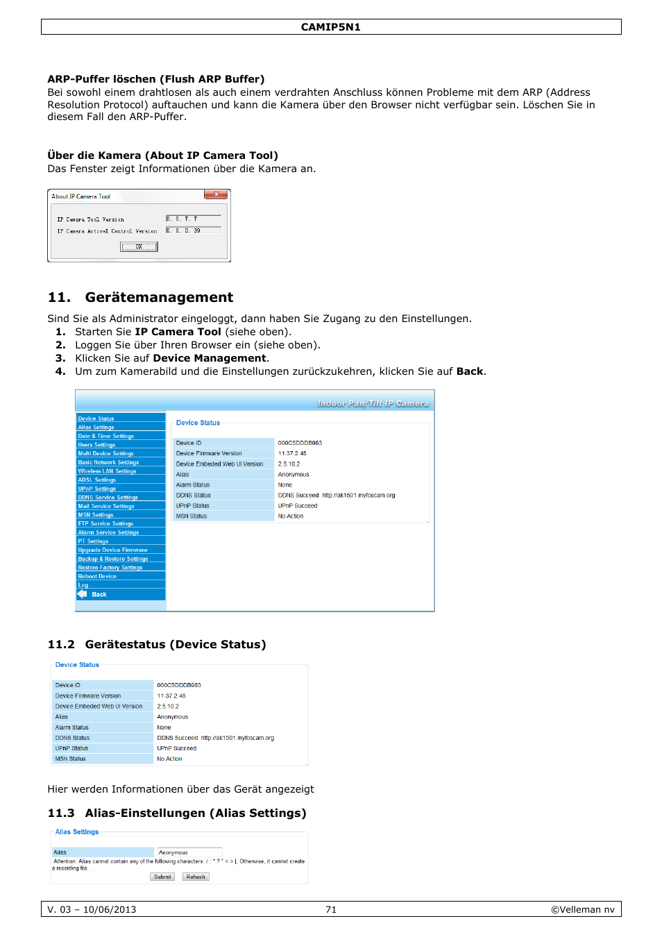 Arp-puffer löschen (flush arp buffer), Über die kamera (about ip camera tool), Gerätemanagement | 2 gerätestatus (device status), 3 alias-einstellungen (alias settings) | Velleman CAMIP5N1 User manual User Manual | Page 71 / 114