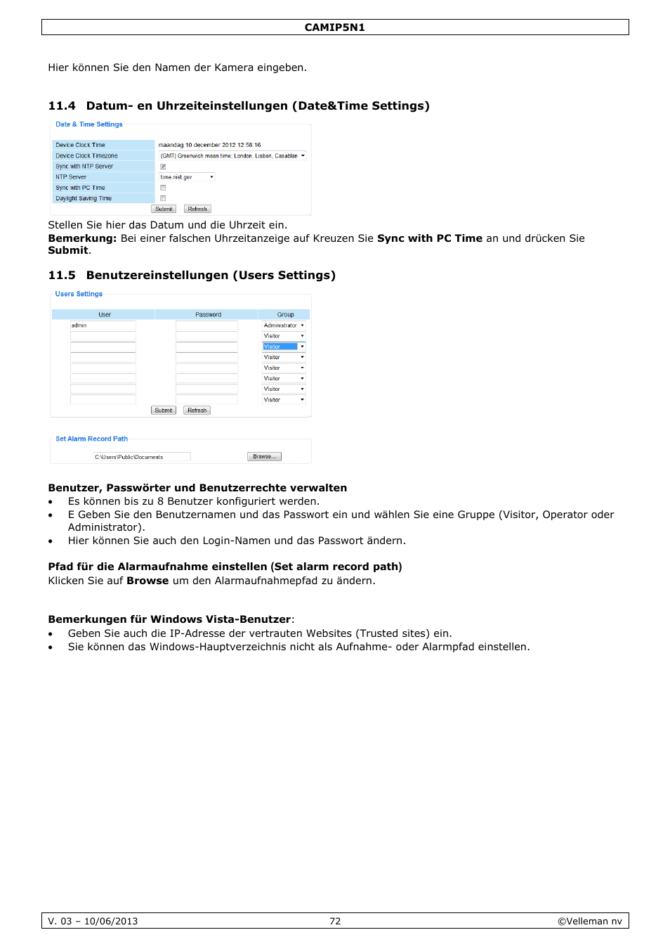 5 benutzereinstellungen (users settings), Benutzer, passwörter und benutzerrechte verwalten, Bemerkungen für windows vista-benutzer | Velleman CAMIP5N1 User manual User Manual | Page 72 / 114