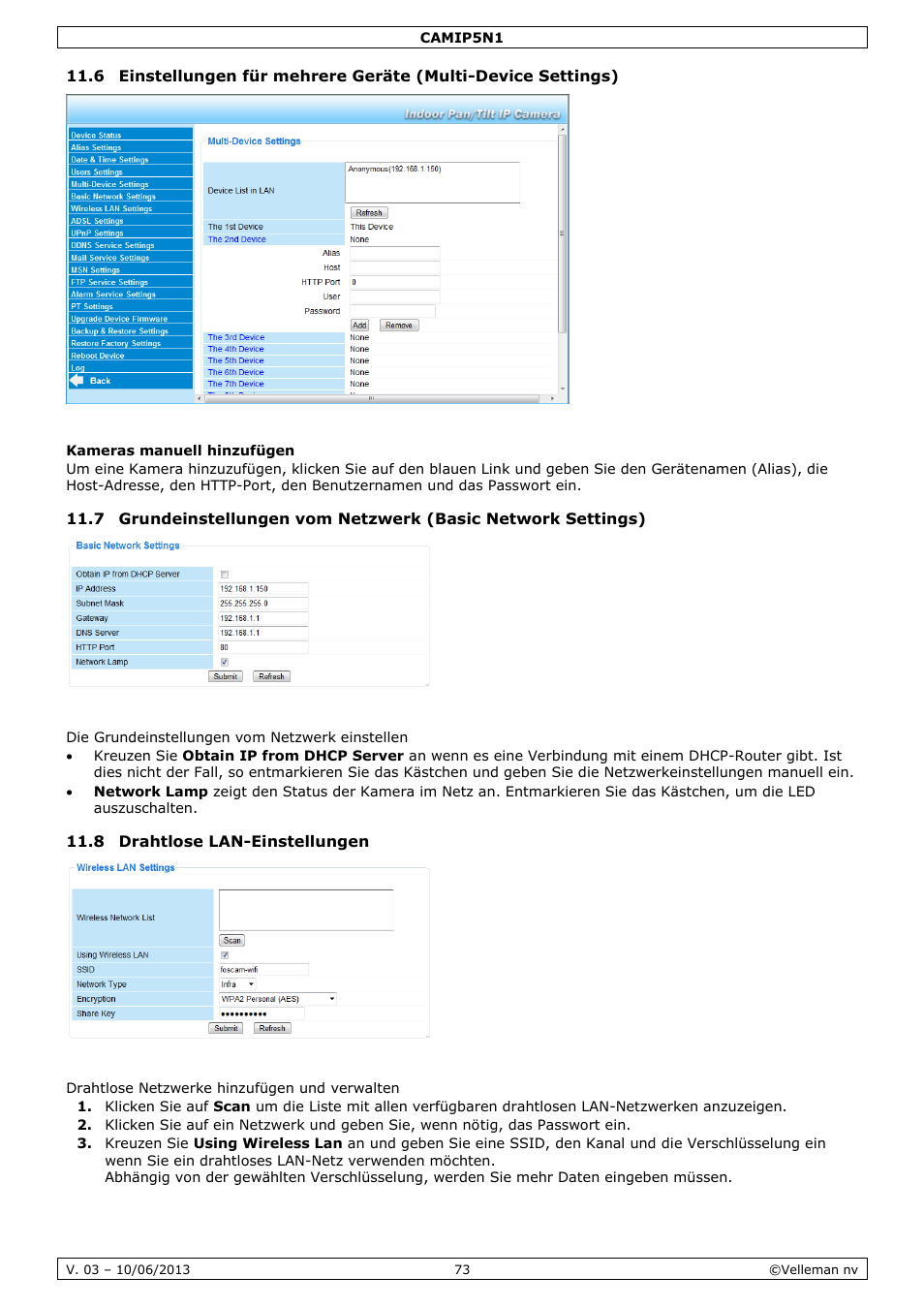 Kameras manuell hinzufügen, Die grundeinstellungen vom netzwerk einstellen, 8 drahtlose lan-einstellungen | Drahtlose netzwerke hinzufügen und verwalten | Velleman CAMIP5N1 User manual User Manual | Page 73 / 114